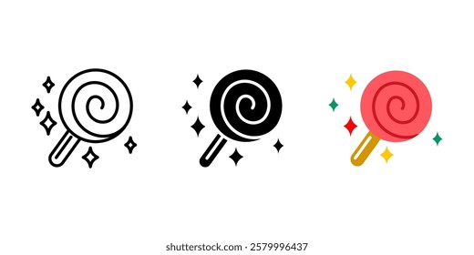 Lollipop icon. Spiral candy on a stick sign. Sweet sugar treat symbol. Fun childhood snack pictogram. Confectionery dessert illustration.