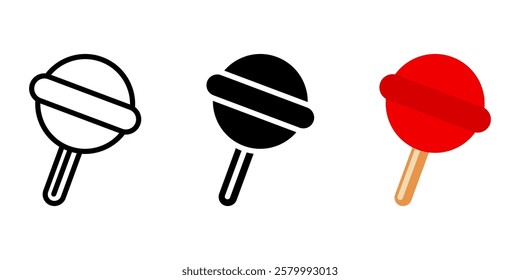 Lollipop icon. Sweet candy on a stick sign. Sugar-coated dessert symbol. Round caramel pictogram for confectionery. Colorful treat illustration.