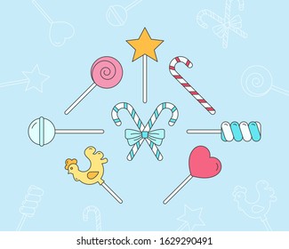 Lollipop Icons set - Vector color symbols and outline of sugar candy, caramel, sweet snack and other sweets for the site or interface