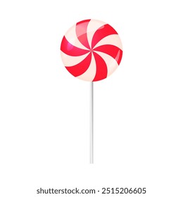 Lollipop isolated vector illustration. Round red and white Christmas candy on stick. Traditional swirl dessert, spiral sweet treat.  