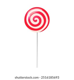 Lollipop isolated vector illustration. Round red and white Christmas candy on stick. Traditional swirl dessert, spiral sweet treat.  