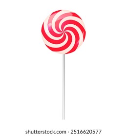 Lollipop isolated vector illustration. Round red and white Christmas candy on stick. Traditional swirl dessert, spiral sweet treat.  