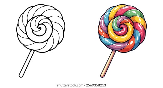 Lollipop Line Art Vector Illustration Black and White with Coloring Sample. Bold and Easy Food and Snacks Coloring Pages for Adults and Kids.