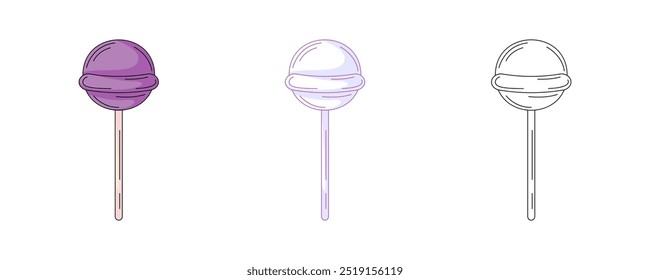 Lollipop on a stick, colorful and line icon set. Traditional children sweet food. Vector flat icon, monochrome purple, color, outline illustration. For logo, sticker, coloring book, label, print