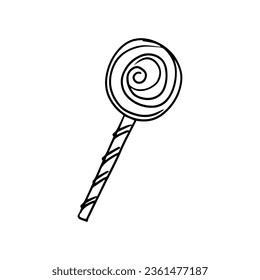 Lollipop on a stick in doodle style on a white background. Festive concept. Hand drawn vector outline icon. Black color.