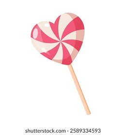 Lollipop on stick in heart shape in pink color isolated on white background.