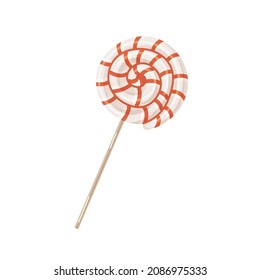 Lollipop on stick. Swirl twisted candy. Sweet round lollypop. Spiral lolly pop. Striped sugar sucker. Swirly dessert. Realistic flat vector illustration of confectionery isolated on white background