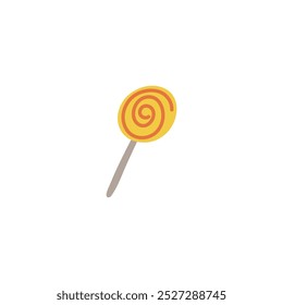 Lollipop on a stick. Vector image of a round yellow striped candy with a spiral pattern on a white background. Perfect for festive events and dessert menus.