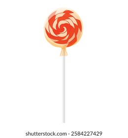 Lollipop on wooden stick isolated on white background. Swirled round candy lollipop wrapped in paper. Vector