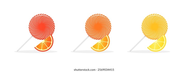 Lollipop with orange flavor set icons. Flat style. Vector icons.