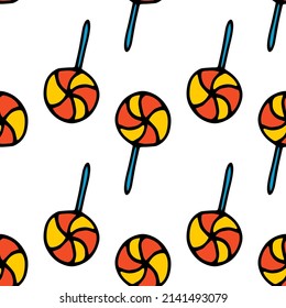 lollipop pattern on a stick for Halloween.  Vector seamless pattern of a doodle drawing of a round striped yellow-orange candy on a stick placed on a white background for a festive design template