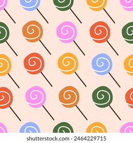 Lollipop pattern. Seamless sweet background with candy, lollypop print, texture. Colorful lolly for textile, fabric, wallpaper and package design. Repeating printable flat vector illustration