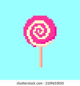 Lollipop pixel art round colorful spiral sweet candy on stick isolated vector illustration for games and websites