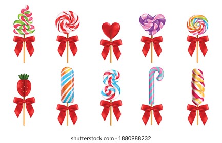 Lollipop with red bow realistic set of different forms and colors sweet candies isolated vector illustration