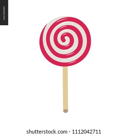 Lollipop - red and white spiral sweet lollipop - spiral candy vector illustration. Hand drawn doodle.