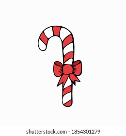 Lollipop with red and white stripes. Christmas candies on the tree. Doodle. Vector illustration