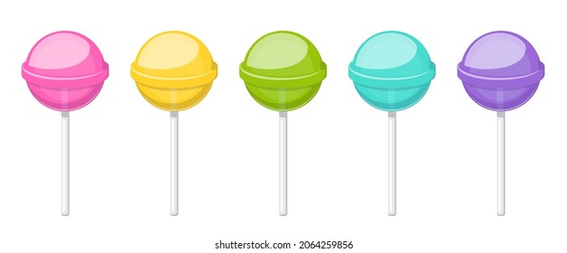 Lollipop, round hard sugar candy on stick. Mint, fruit and berries taste lollypops. Vector cartoon set of colored sweet caramel suckers on sticks isolated on white background