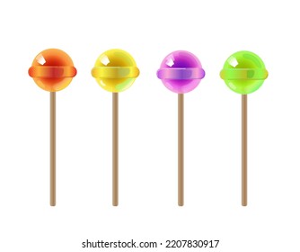 Lollipop, round hard sugar candy on stick. Mint, fruit and berries taste lollypops. Vector cartoon set of colored sweet caramel suckers on sticks isolated on white background