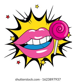 lollipop round retro with lips in explosion pop art vector illustration design