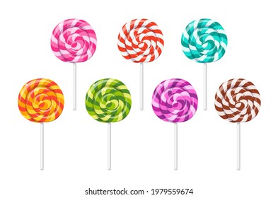 Lollipop, Round Swirly Candy On Stick. Mint, Chocolate, Strawberry, Orange And Fruit Taste Lollypops. Christmas Lolipop With Red Spirals. Vector Cartoon Set Of Hard Sugar Caramel With Striped Swirls