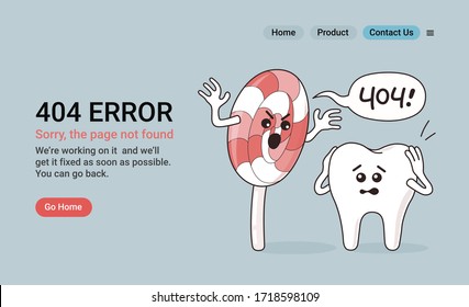 Lollipop scares tooth on blue background illustration for pediatric dentistry for error 404 for website design pediatric dentistry or children's dentist, afraid dentist