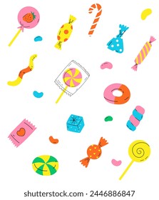 lollipop seamless pattern. Cute Pastel Candy sweet desserts Seamless pattern with different types on White Background. Sweets and candies icon vector set. Candies, lollipop
