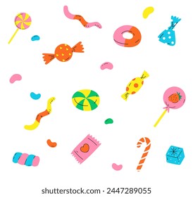 lollipop seamless pattern. Cute Pastel Candy sweet desserts Seamless pattern with different types on White Background. Sweets and candies icon vector set. Candies, lollipop