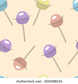 Lollipop seamless pattern. Doodle caramel on a stick on a light background. Candy vector illustration.