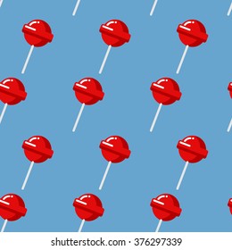 Lollipop seamless pattern. Red sweet candy texture. Strawberry sweets taste repeating background. Cute ornament for kids fabrics. 