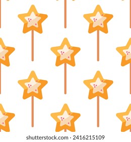 Lollipop seamless vector pattern. Sweet candy on a stick in the shape of a star. Delicious honey caramel with sprinkles. Colorful yellow treat for kids. Flat cartoon background for posters, print, web