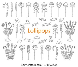 Lollipop set vector hand drawn doodle illustration.  Different types of sweets, candies, lollipops, sweetmeats, glass candy jars,  isolated on white background.