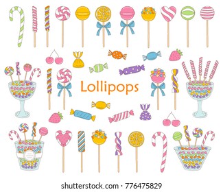 Lollipop set vector hand drawn doodle illustration.  Different types of colorful sweets, candies, lollipops, sweetmeats, glass candy jars,  isolated on white background.