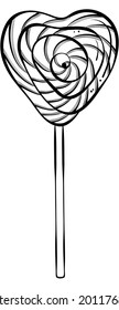 Lollipop in the shape of a heart. Hand drawn vector illustration in sketch style isolated on white. Festive sweets for the holiday, postcards, menus, parties. 