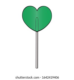 Lollipop, in the shape of a heart. Sugar caramel green. Translucent candy. Color vector illustration. Romantic dessert for Valentine's day. Isolated background. Idea for web design.