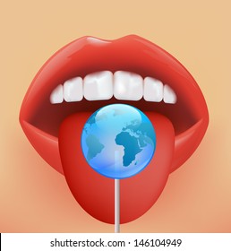 lollipop in the shape of planet earth on a face