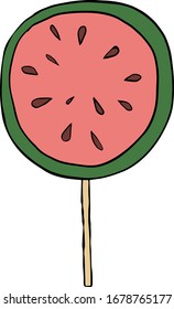 Lollipop in the shape of a watermelon. Sweets in a flat design. Colored vector illustration isolated on white background. Cartoon style, doodle.