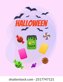 Lollipop in shape of zombie for Halloween treats. Halloween lettering with flying bats on abstract background. Celebration, party concept. Vector illustration for invitation, banner or poster