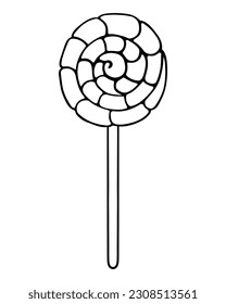 Lollipop. Sketch. Candy with a spiral pattern. Twisted curls on caramel. Vector illustration. Outline on isolated background. Doodle style. Coloring book for children. Sweetness for dessert. 