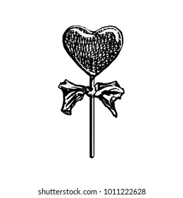 Lollipop Sketch. Heart Shaped Candy On Stick Vintage Style Icon Isolated On White Background. Black Hand Drawn Engraving Sweet With Bow Vector Illustration.