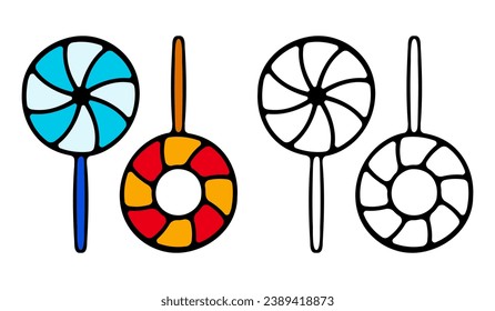 Lollipop with spiral colors, twisted sucker candy on stick. Vector cartoon set of round candies with striped swirls. Hard sugar caramel, lollypop isolated on white background
