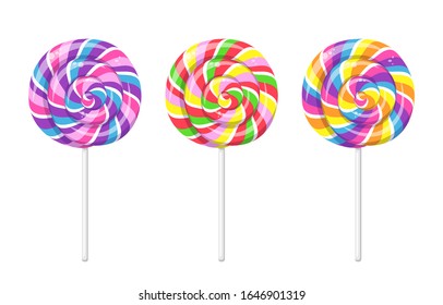 Lollipop with spiral rainbow colors, twisted sucker candy on stick. Vector cartoon set of round candies with striped swirls. Hard sugar caramel, lollypop isolated on white background