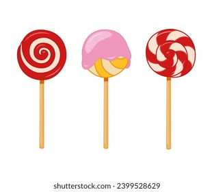 Lollipop with spiral, twisted sucker candy on stick. Vector cartoon set of round candies with striped swirls. Hard sugar caramel, lollypop.