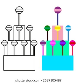 Lollipop stack. Candy tower symbol. Sweet layer design. Vector dessert icon.