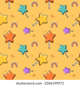 Lollipop star cartoon so cute. On rainbow star yellow background. Pattern seamless vector illustration. 
