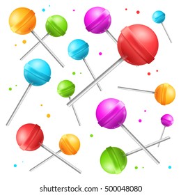 Lollipop with Stick Sugar Candy Background. Sweet Food. Vector illustration of falling Lollipops Color for Package