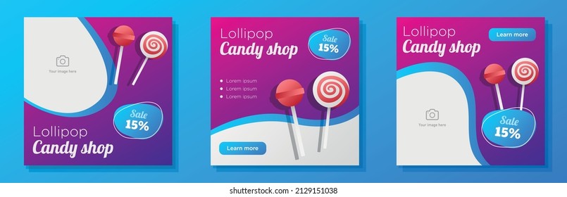 Lollipop store social media post, banner set, sweet sugary candy shop advertisement concept, colorful swirl lolly marketing square ad, abstract print, isolated on background.