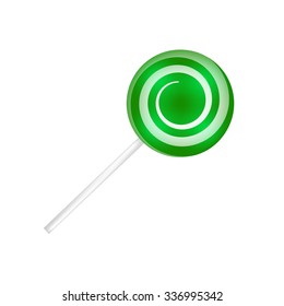 Lollipop striped in Christmas colours. Spiral sweet candy with green and white stripes. Vector illustration isolated on a white background.