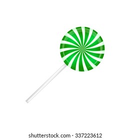 Lollipop striped in Christmas colours. Spiral sweet candy with green and white stripes. Vector illustration isolated on a white background.