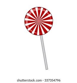 Lollipop striped in Christmas colours. Spiral sweet candy with red and white stripes. Vector illustration isolated on a white background.
