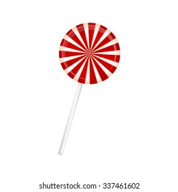 Lollipop striped in Christmas colours. Spiral sweet candy with red and white stripes. Vector illustration isolated on a white background.